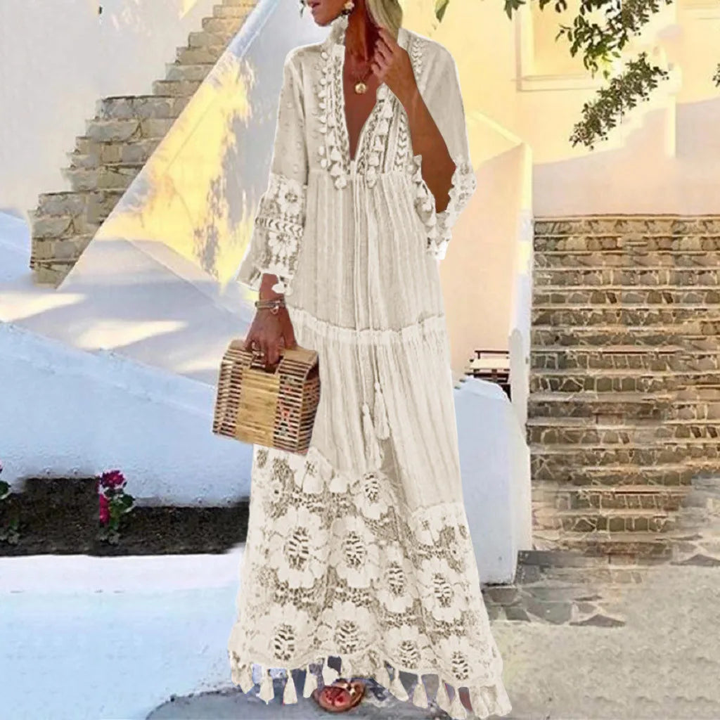 Ladies Bohemian V-Neck Tassel Large Size Casual Dress