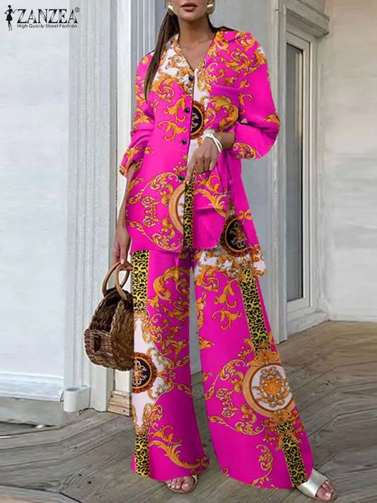 Casual Loose Vintage Printing 2pcs Pantsuits Side Slit Long Shirt