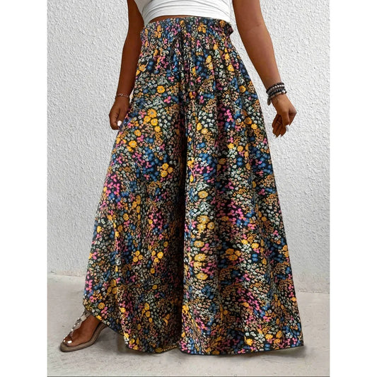 Plus Size 1XL-5XL Women Fashion Floral Print Wide Leg Pants
