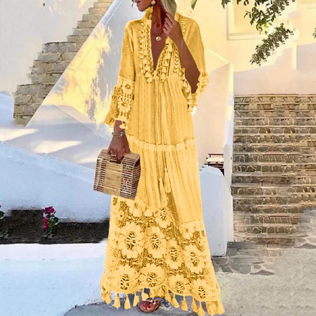 Ladies Bohemian V-Neck Tassel Large Size Casual Dress
