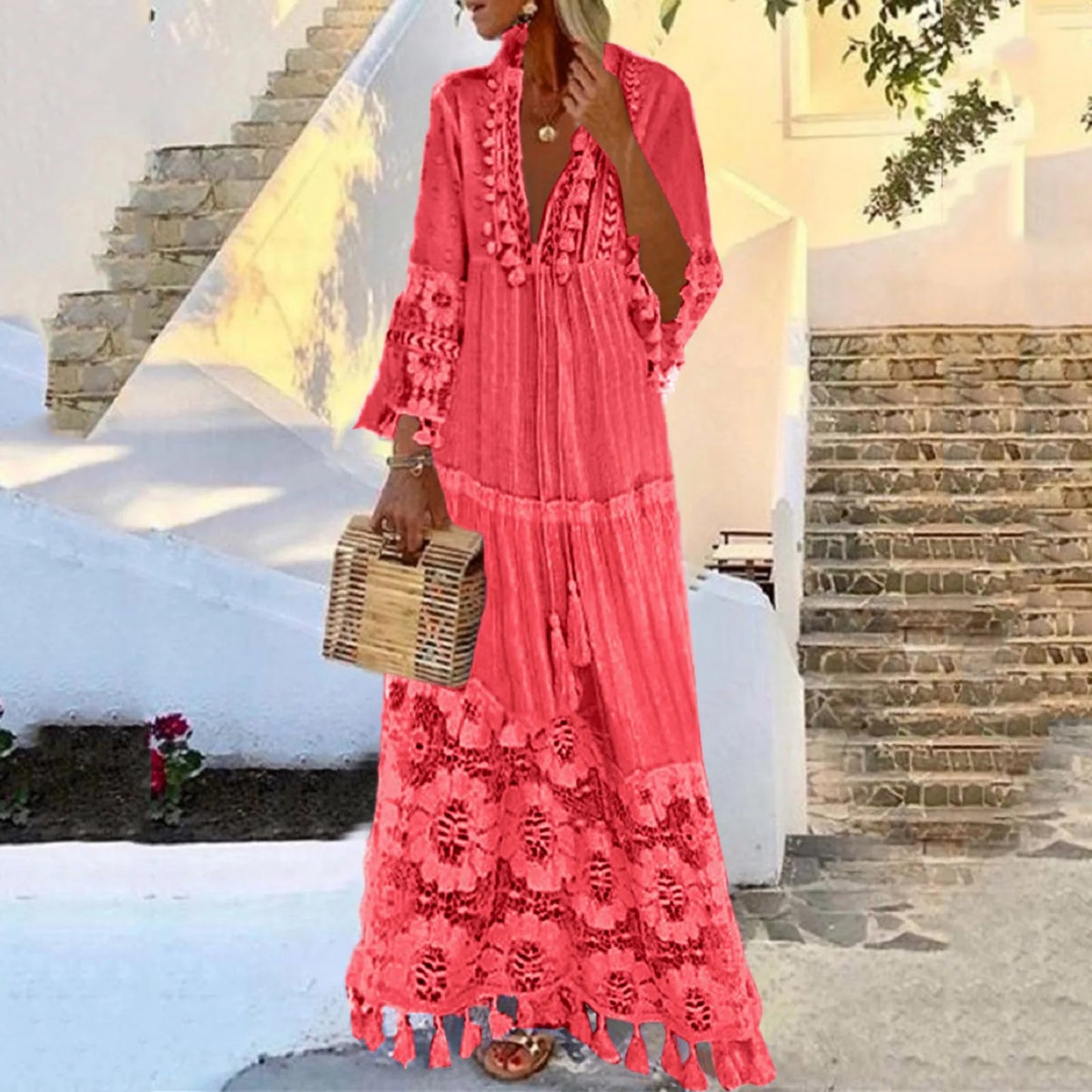 Ladies Bohemian V-Neck Tassel Large Size Casual Dress