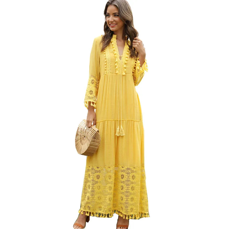 Ladies Bohemian V-Neck Tassel Large Size Casual Dress