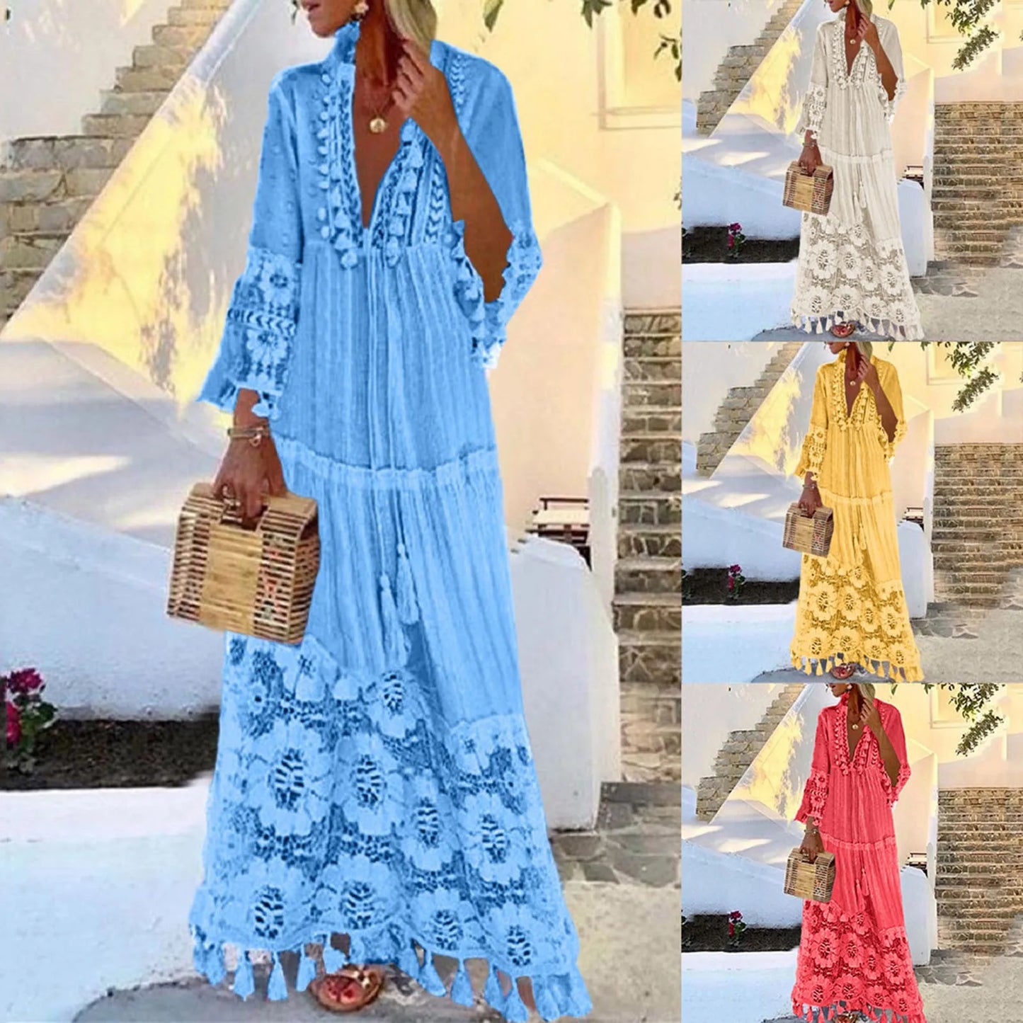 Ladies Bohemian V-Neck Tassel Large Size Casual Dress