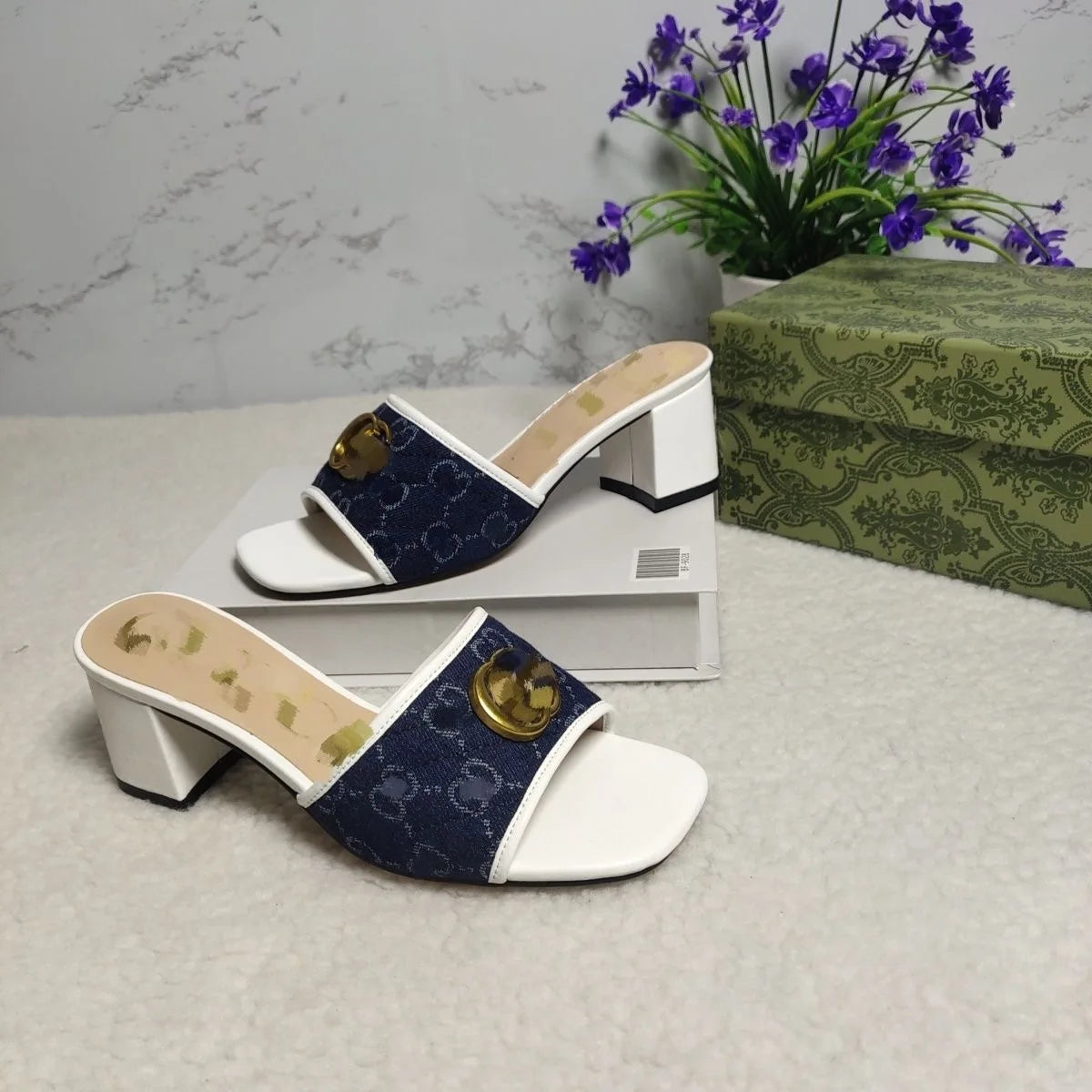 Women canvas metal buckle high-heeled slippers
