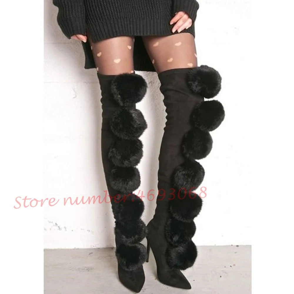 Pink Suede Fur Thigh High Boots