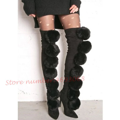 Pink Suede Fur Thigh High Boots