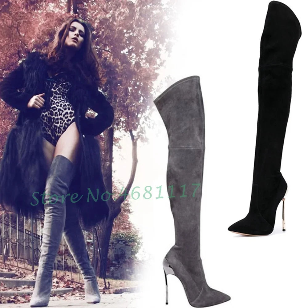 Flannel Stretch Long Boots With Metal High Heels