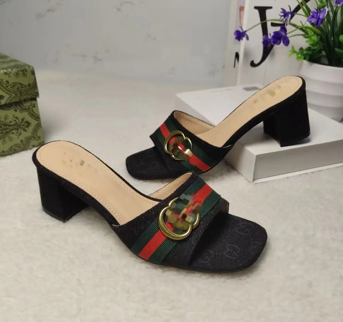 Women canvas metal buckle high-heeled slippers
