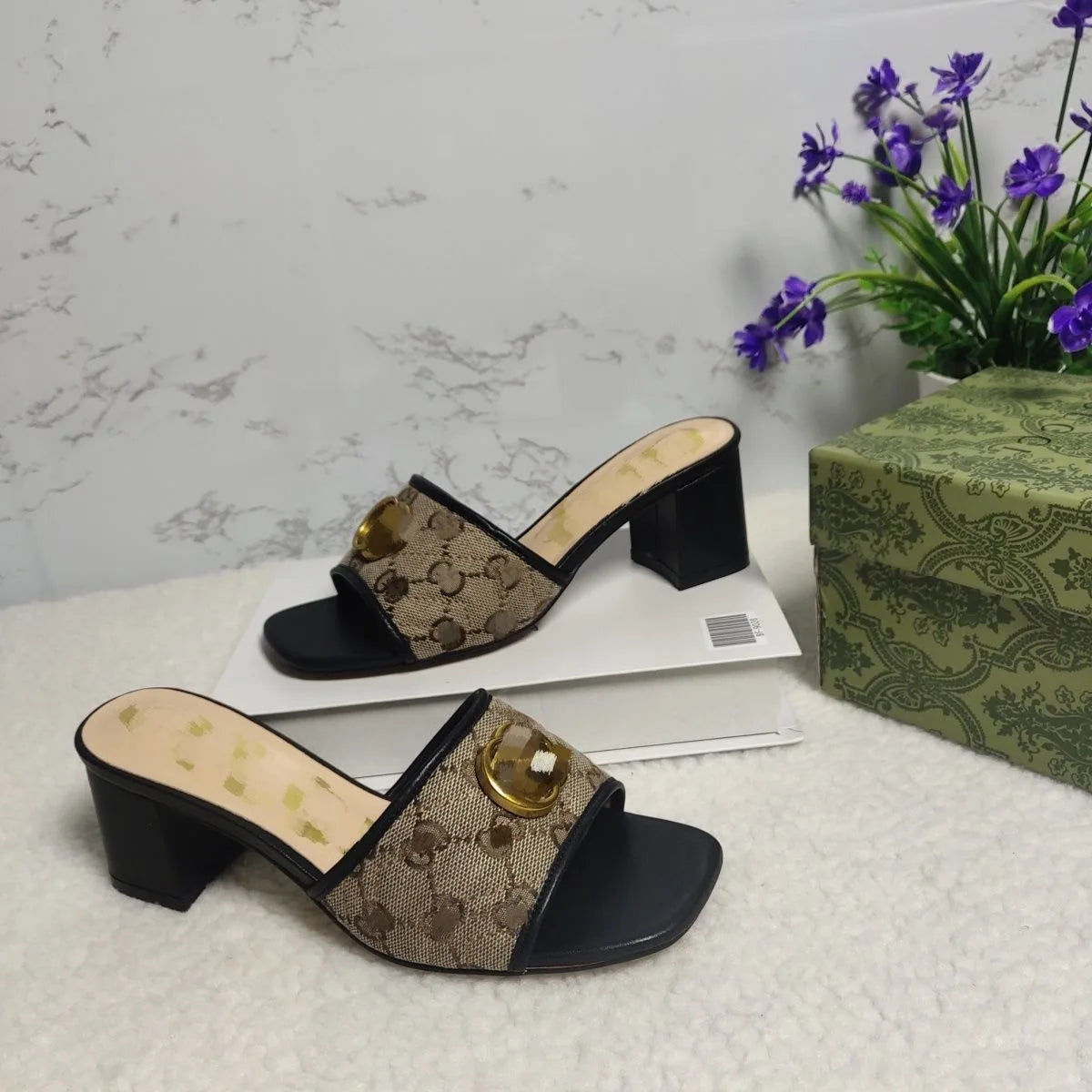 Women canvas metal buckle high-heeled slippers