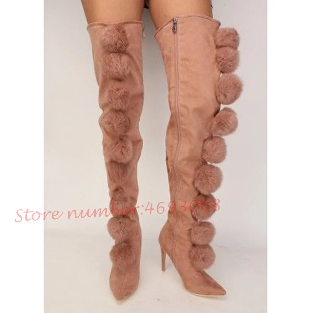 Pink Suede Fur Thigh High Boots