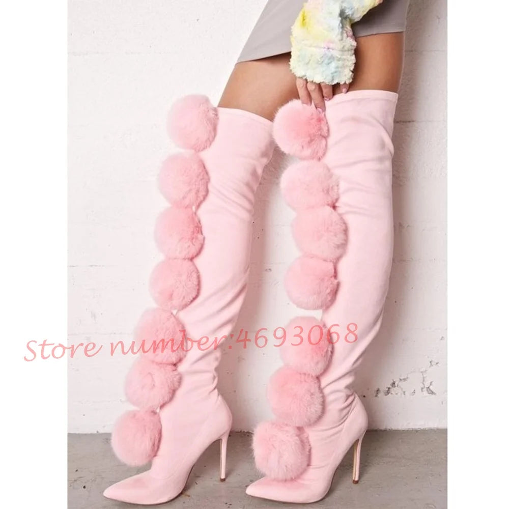 Pink Suede Fur Thigh High Boots