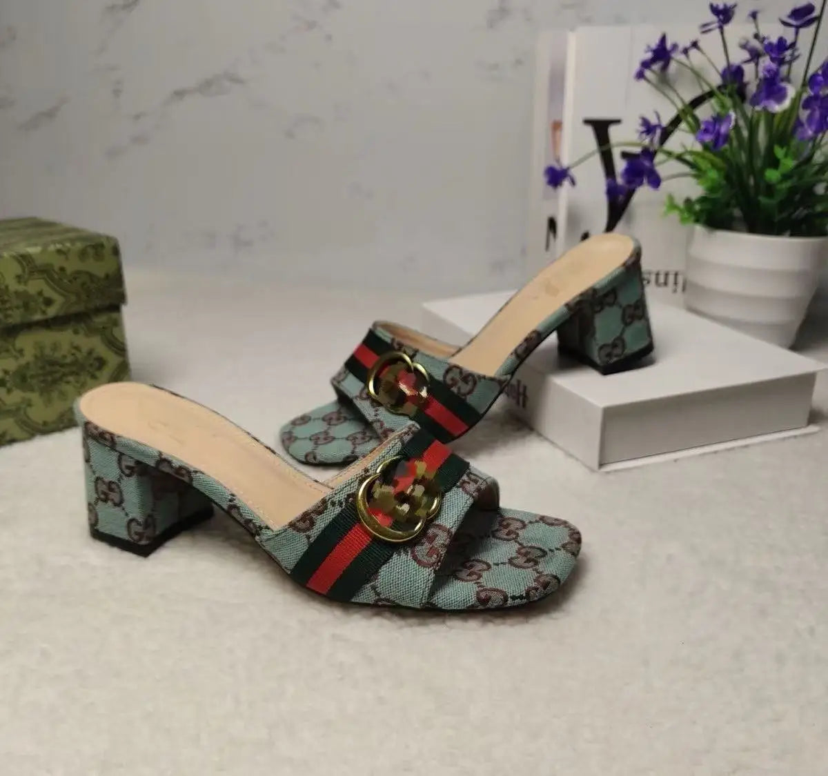 Women canvas metal buckle high-heeled slippers