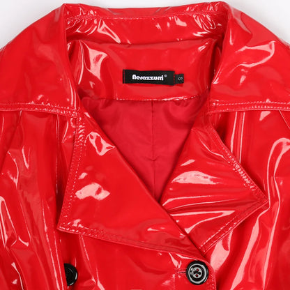 Autumn Long Red Waterproof Shiny Reflective Patent Leather Trench Coat for Women