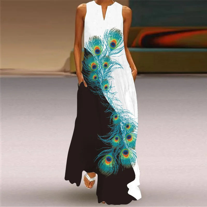 Sexy V-neck Sleeveless Dress For Women Fashion Retro Print Long Dresses With Pocket Maxi Dress