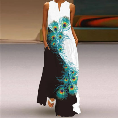Sexy V-neck Sleeveless Dress For Women Fashion Retro Print Long Dresses With Pocket Maxi Dress