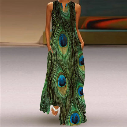 Sexy V-neck Sleeveless Dress For Women Fashion Retro Print Long Dresses With Pocket Maxi Dress