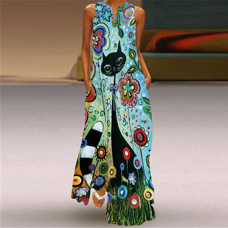 Sexy V-neck Sleeveless Dress For Women Fashion Retro Print Long Dresses With Pocket Maxi Dress