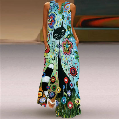 Sexy V-neck Sleeveless Dress For Women Fashion Retro Print Long Dresses With Pocket Maxi Dress