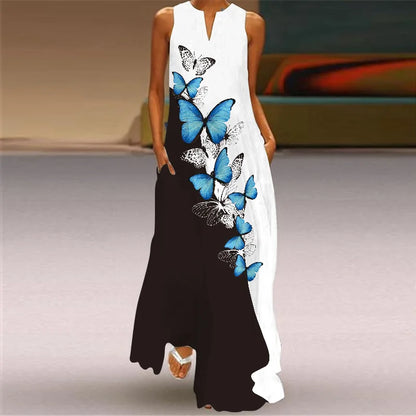 Sexy V-neck Sleeveless Dress For Women Fashion Retro Print Long Dresses With Pocket Maxi Dress