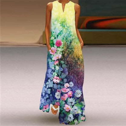 Sexy V-neck Sleeveless Dress For Women Fashion Retro Print Long Dresses With Pocket Maxi Dress