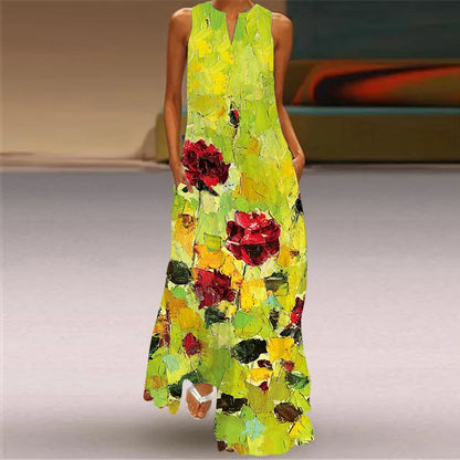 Sexy V-neck Sleeveless Dress For Women Fashion Retro Print Long Dresses With Pocket Maxi Dress