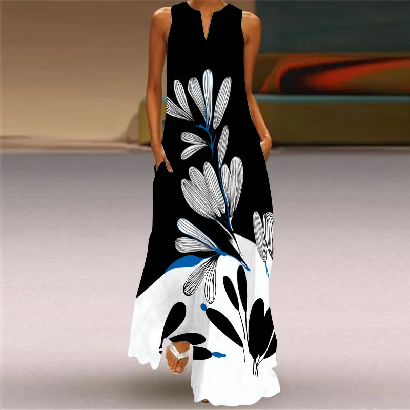 Sexy V-neck Sleeveless Dress For Women Fashion Retro Print Long Dresses With Pocket Maxi Dress