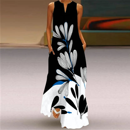 Sexy V-neck Sleeveless Dress For Women Fashion Retro Print Long Dresses With Pocket Maxi Dress
