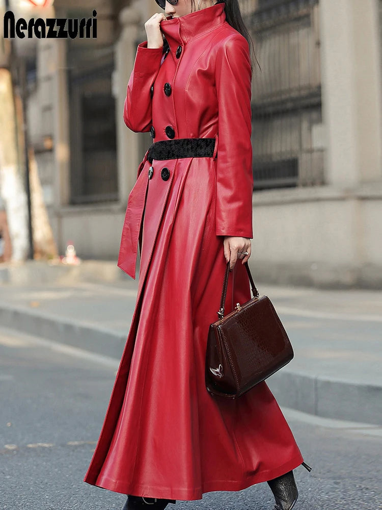 Autumn Maxi Red Pu Leather Trench Coat for Women