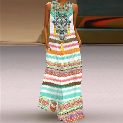 Sexy V-neck Sleeveless Dress For Women Fashion Retro Print Long Dresses With Pocket Maxi Dress