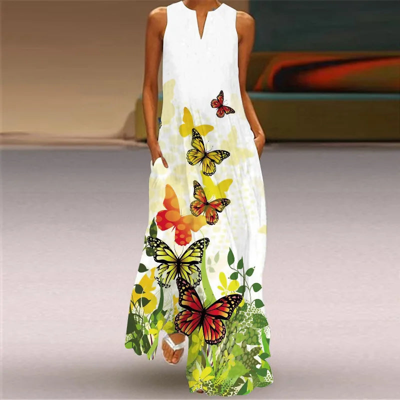 Sexy V-neck Sleeveless Dress For Women Fashion Retro Print Long Dresses With Pocket Maxi Dress