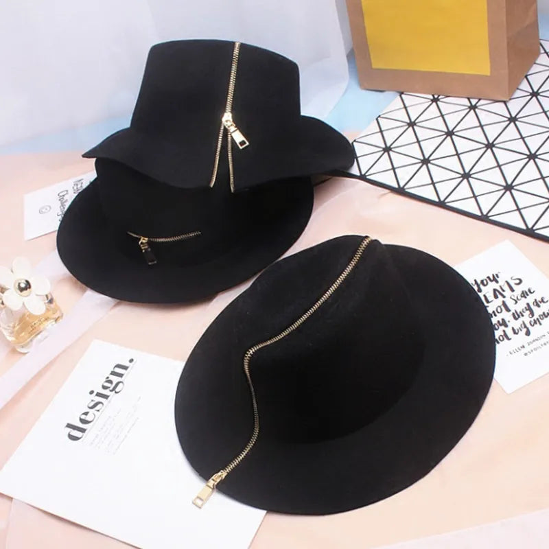 Zipper shallow  fedora hat  woolen hat ladies European punk chain novelty