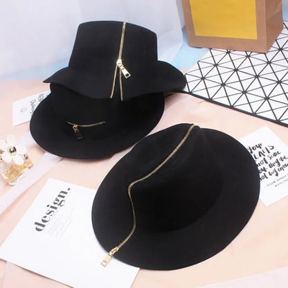 Zipper shallow  fedora hat  woolen hat ladies European punk chain novelty
