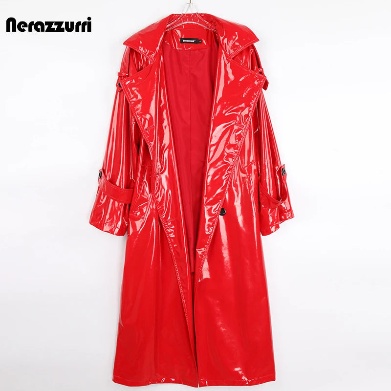 Autumn Long Red Waterproof Shiny Reflective Patent Leather Trench Coat for Women