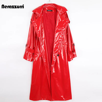 Autumn Long Red Waterproof Shiny Reflective Patent Leather Trench Coat for Women