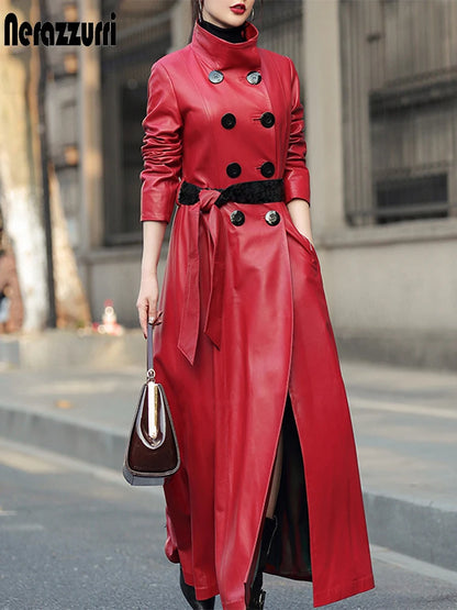 Autumn Maxi Red Pu Leather Trench Coat for Women