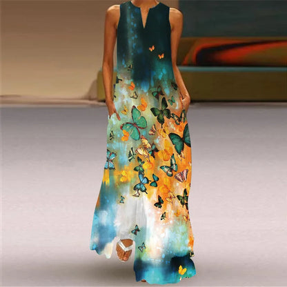 Sexy V-neck Sleeveless Dress For Women Fashion Retro Print Long Dresses With Pocket Maxi Dress