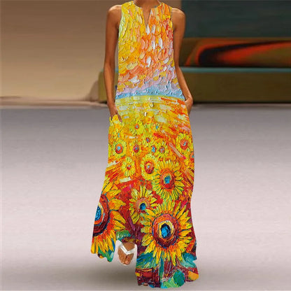 Sexy V-neck Sleeveless Dress For Women Fashion Retro Print Long Dresses With Pocket Maxi Dress