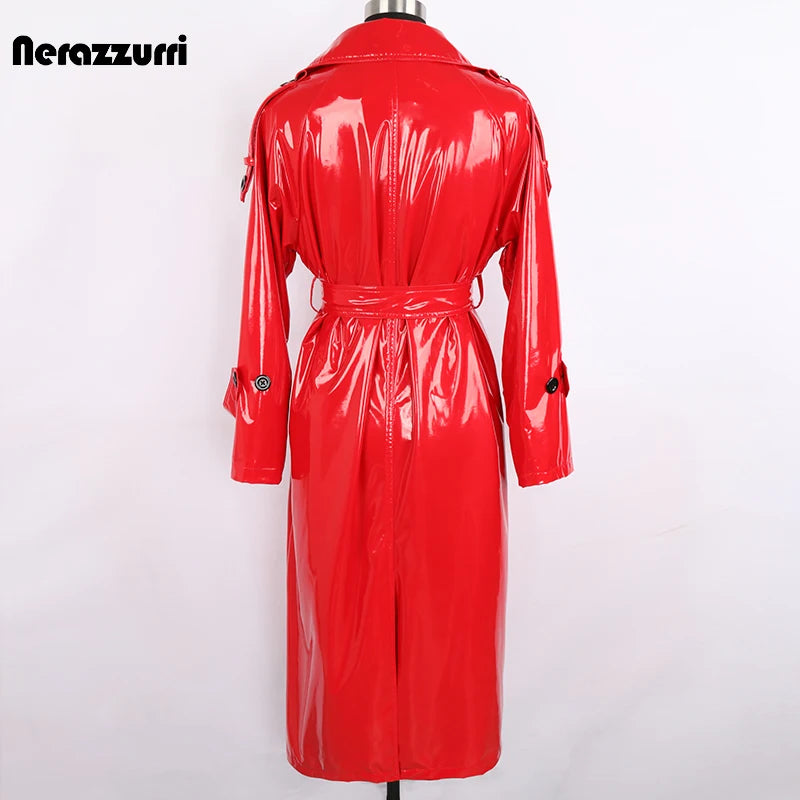Autumn Long Red Waterproof Shiny Reflective Patent Leather Trench Coat for Women