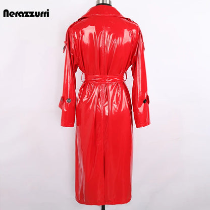 Autumn Long Red Waterproof Shiny Reflective Patent Leather Trench Coat for Women