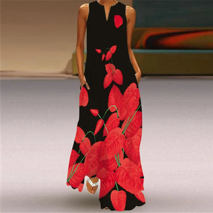 Sexy V-neck Sleeveless Dress For Women Fashion Retro Print Long Dresses With Pocket Maxi Dress
