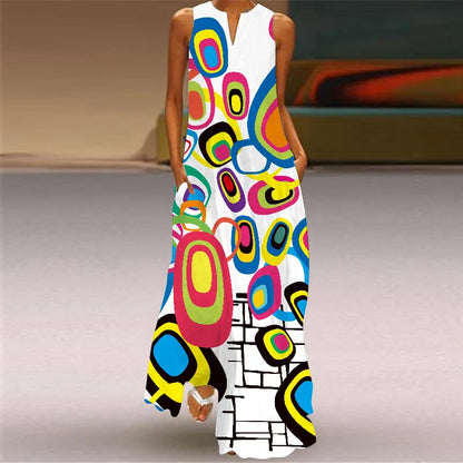 Sexy V-neck Sleeveless Dress For Women Fashion Retro Print Long Dresses With Pocket Maxi Dress
