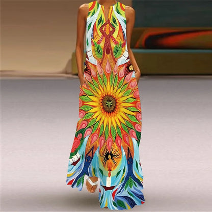 Sexy V-neck Sleeveless Dress For Women Fashion Retro Print Long Dresses With Pocket Maxi Dress