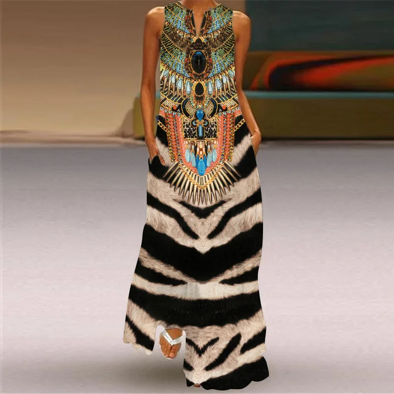 Sexy V-neck Sleeveless Dress For Women Fashion Retro Print Long Dresses With Pocket Maxi Dress