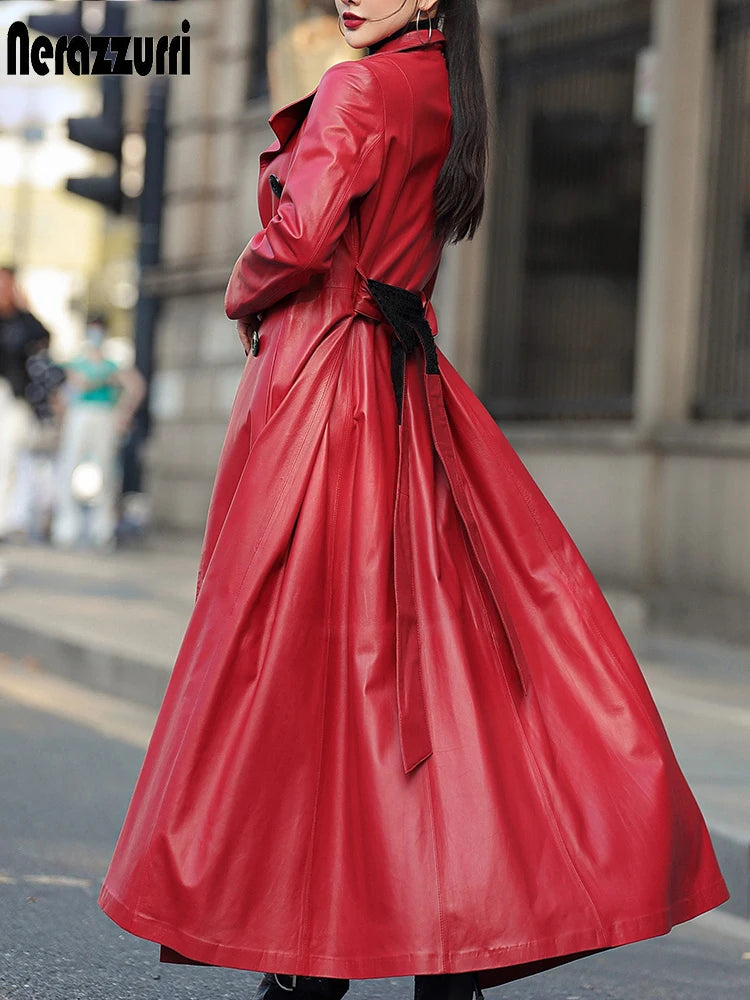 Autumn Maxi Red Pu Leather Trench Coat for Women