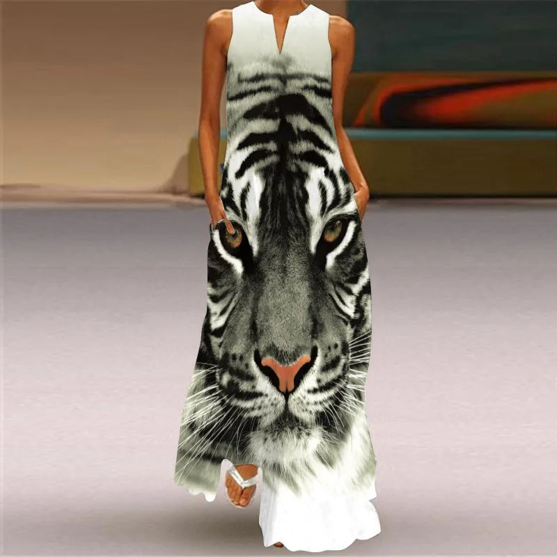 Sexy V-neck Sleeveless Dress For Women Fashion Retro Print Long Dresses With Pocket Maxi Dress