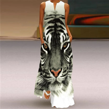 Sexy V-neck Sleeveless Dress For Women Fashion Retro Print Long Dresses With Pocket Maxi Dress