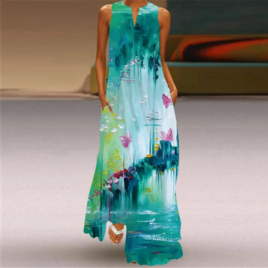 Sexy V-neck Sleeveless Dress For Women Fashion Retro Print Long Dresses With Pocket Maxi Dress