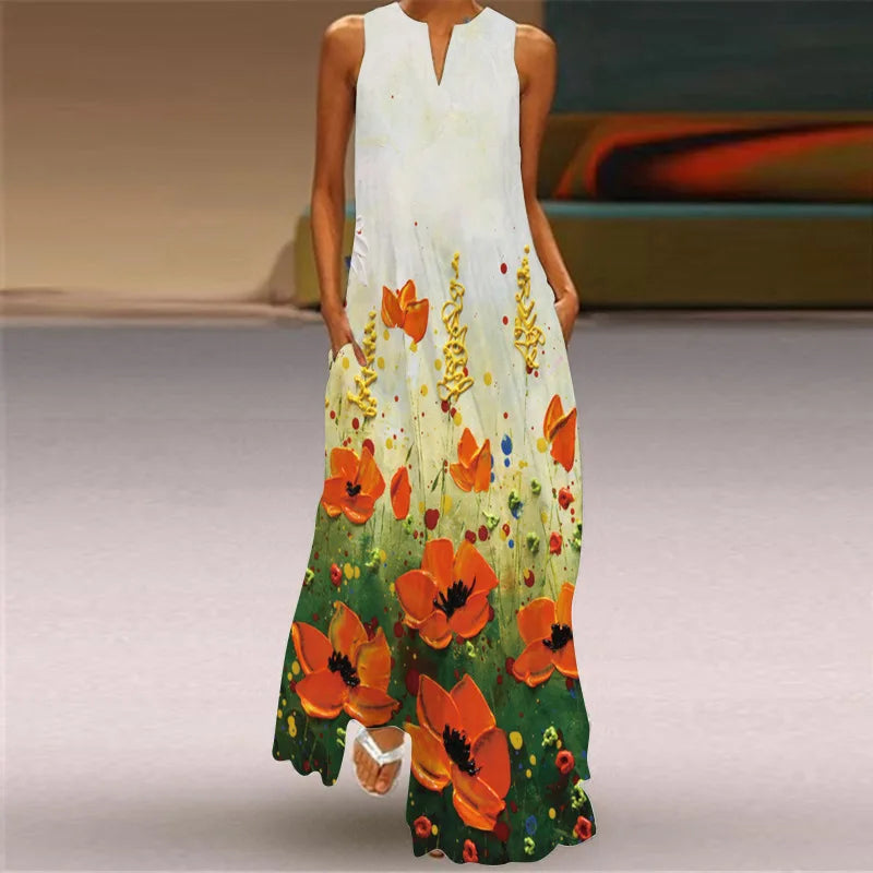 Sexy V-neck Sleeveless Dress For Women Fashion Retro Print Long Dresses With Pocket Maxi Dress