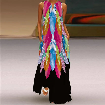 Sexy V-neck Sleeveless Dress For Women Fashion Retro Print Long Dresses With Pocket Maxi Dress