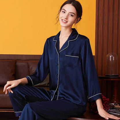 100% Mulberry Women Silk Pajamas  Long-sleeved Two-piece Couple Home Service Silk Pajamas For Lady